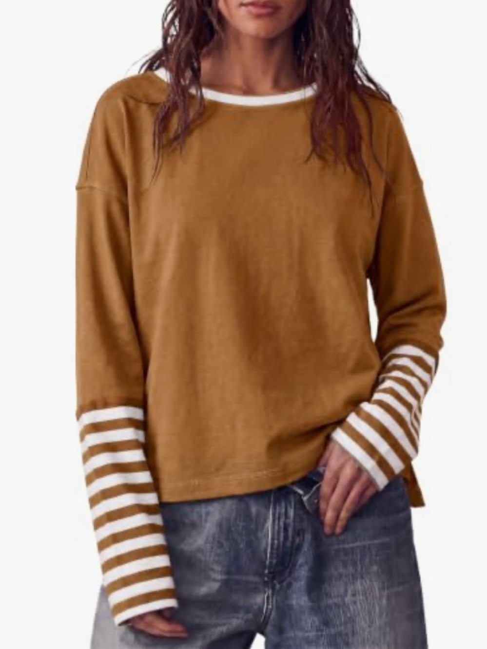 TANKANEO OVERSIZED LONG SLEEVE TOP | Women’s Casual Blouse - Brown and White